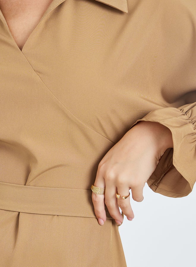 Styli Women Khaki Long Sleeve A-Line Midi Dress - Image 3